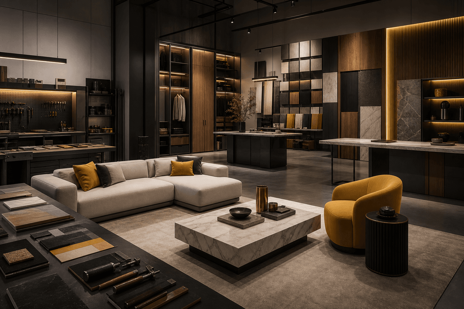 Premium custom furniture showroom and material workshop with sofa, panels, stone, and tools